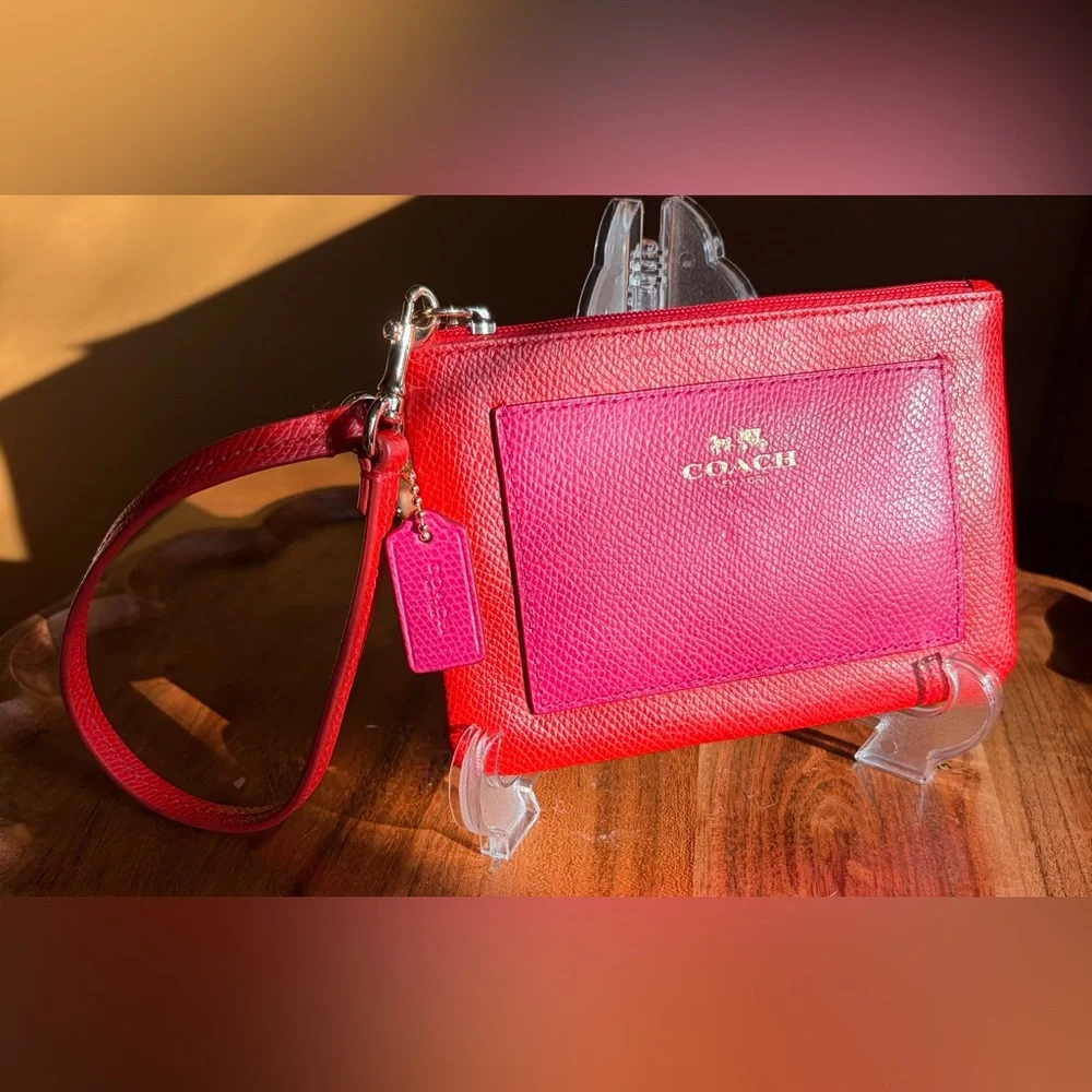 Coach Cardinal Pink Ruby Crossgrain Leather Small Wristlet F5314